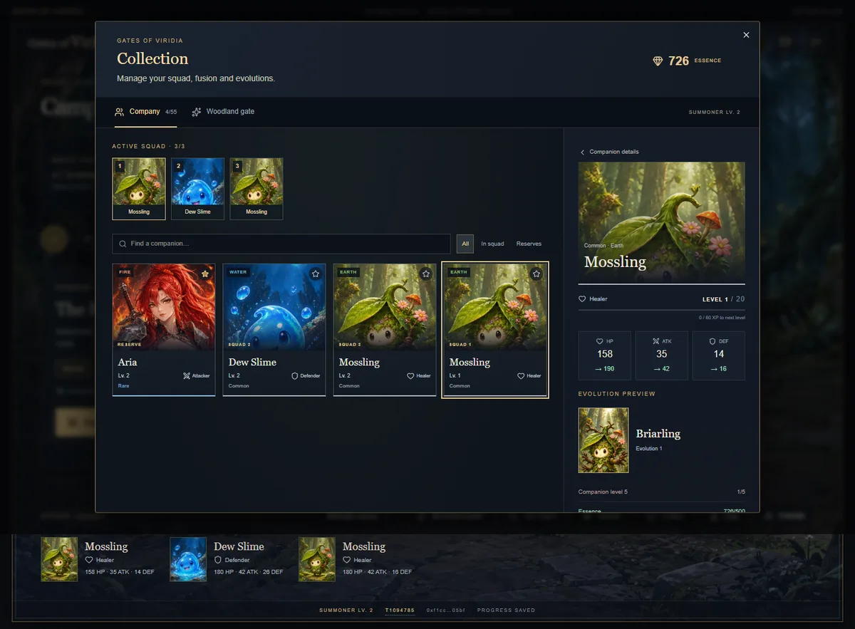 Collection screen with companion stats and an evolution preview