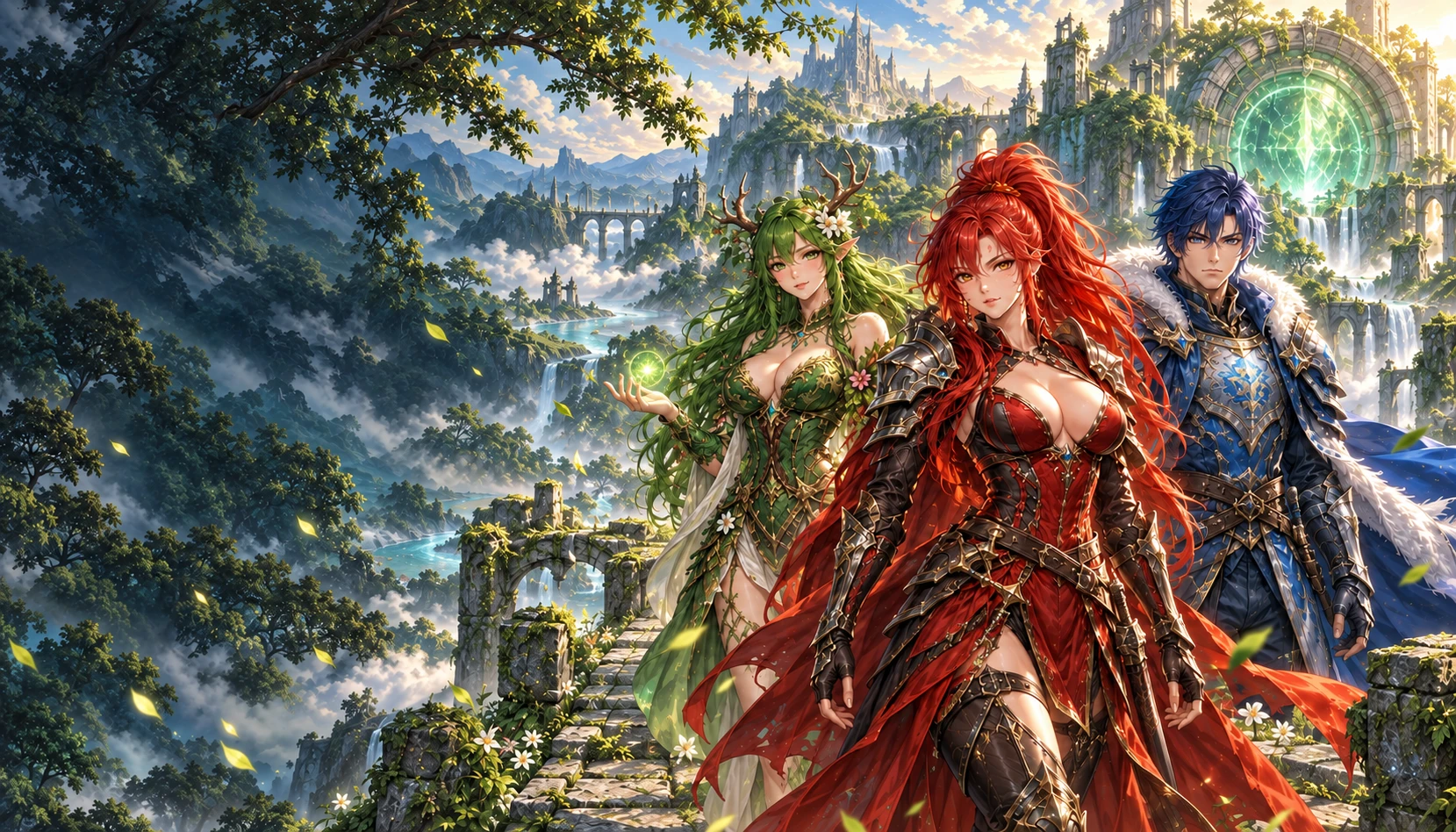 Aria, Sylva and Kael overlooking the ancient gates of Viridia